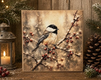 Winter Chickadee Sign | Snowy Bird Decor | Rustic Christmas Wall Art | 4x4 Wood Decor Print