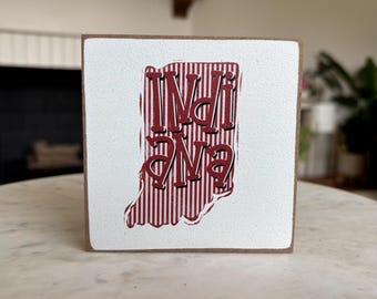 Indiana State Wood Block Sign | Floral Outline Shelf Decor