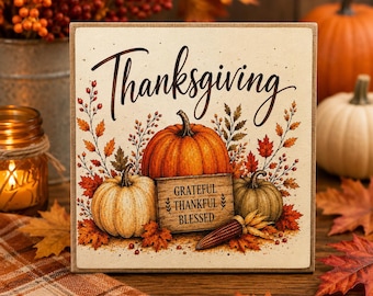 Thanksgiving Decor | Pumpkin Shelf Sitter | 5x5 Wood Sign Print
