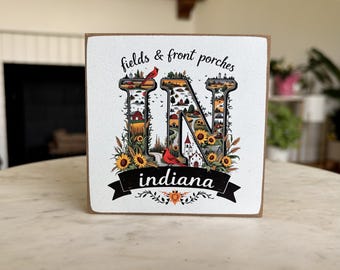 Indiana Wood Block Sign | Farmhouse Shelf Decor, Rustic Accent, USA Made