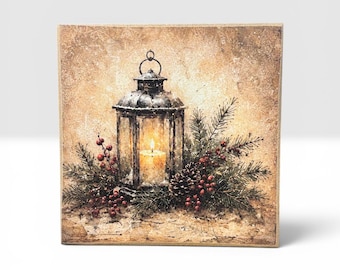 Christmas Lantern Sign | Rustic Candle Decor | Farmhouse Holiday Wall Art | 4x4 Wood Decor Print
