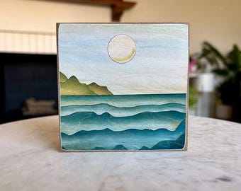 Ocean Waves Wood Decor | Coastal Shelf Sitter | Beach House Art | 5"x5" Art Print