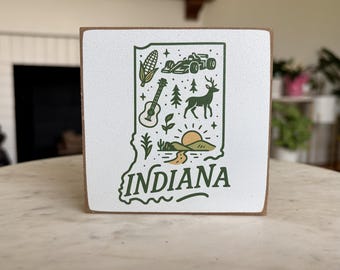 Indiana State Icons Wood Block Sign | Rustic Shelf Decor, Farmhouse Accent