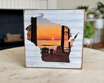 Wisconsin Sunset Lake Wood Block Sign | Rustic State Decor, Lake House Art