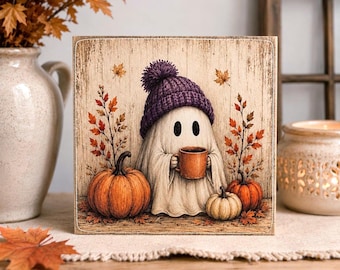Cute Ghost Shelf Sitter | Cozy Halloween Decor | Farmhouse Ghost Decor | Fall Coffee Decor | 4x4 Wood Decor