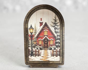 Christmas Cottage Wood Art, Snowy Winter Village Decor, Arched Holiday Shelf Art, Rustic Christmas Cabin, Woodland Mantel Decoration