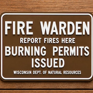 May include: A rectangular brown sign with white text that reads FIRE WARDEN, REPORT FIRES HERE, BURNING PERMITS ISSUED, and WISCONSIN DEPT. OF NATURAL RESOURCES. The sign features a white border and is mounted on a horizontal wooden plank surface.
