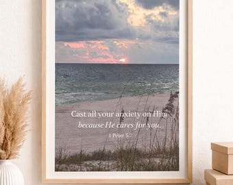 Christelijke kustmuurkunst | 1 Petrus 5:7 schriftafdruk (digitale download)