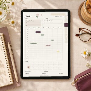 May include: A digital tablet displaying a weekly planner template with the text Week 1, Top 3 This Week, Deadlines This Week, and To do. The screen shows a grid schedule with various coloured task labels and navigation tabs on the right side.