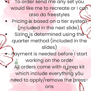 May include: Text on a pink background with floral accents reads "HOW TO ORDER." Instructions include ordering, pricing, sizing, payment, and a prep kit. The text is in black, with red floral illustrations.