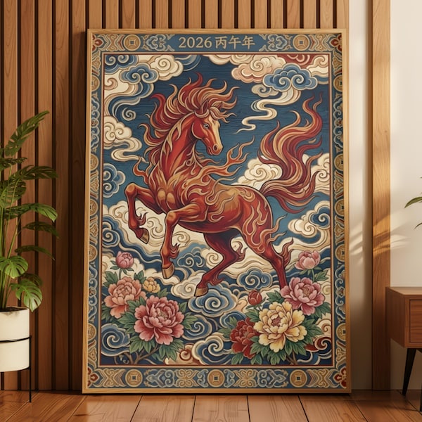 Impression de l'année du cheval de feu 2026 | Art mural Feng Shui Nouvel An lunaire