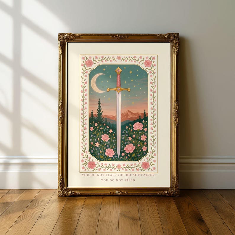 Pastel Sword Art | Fantasy Book Decor | Cozy Reader Gift | Romantasy Poster | Soft Floral Print | Empowerment Quote image 8