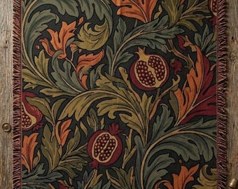 Pomegranate Woven Blanket | William Morris Style Throw | Dark Botanical Tapestry | Vintage Cottagecore Decor | Art Nouveau Gift