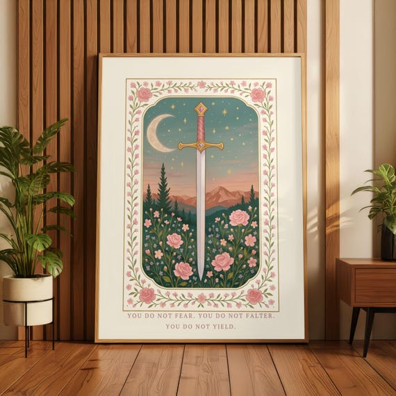 Pastel Sword Art | Fantasy Book Decor | Cozy Reader Gift | Romantasy Poster | Soft Floral Print | Empowerment Quote