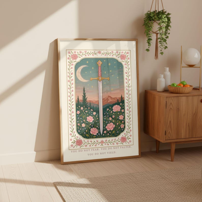 Pastel Sword Art | Fantasy Book Decor | Cozy Reader Gift | Romantasy Poster | Soft Floral Print | Empowerment Quote image 11