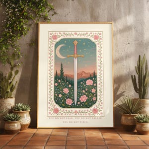 Pastel Sword Art | Fantasy Book Decor | Cozy Reader Gift | Romantasy Poster | Soft Floral Print | Empowerment Quote image 6
