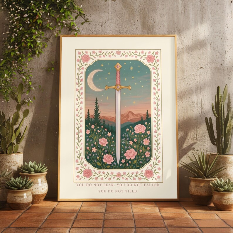 Pastel Sword Art | Fantasy Book Decor | Cozy Reader Gift | Romantasy Poster | Soft Floral Print | Empowerment Quote image 6