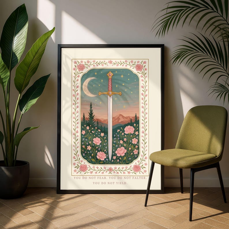 Pastel Sword Art | Fantasy Book Decor | Cozy Reader Gift | Romantasy Poster | Soft Floral Print | Empowerment Quote image 7