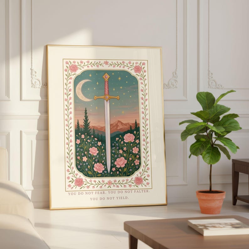 Pastel Sword Art | Fantasy Book Decor | Cozy Reader Gift | Romantasy Poster | Soft Floral Print | Empowerment Quote image 3