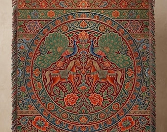 Woven Persian Horse and Peacock Blanket | Vintage Floral Tapestry Throw
