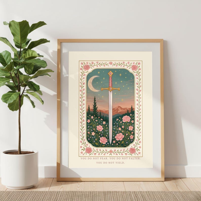 Pastel Sword Art | Fantasy Book Decor | Cozy Reader Gift | Romantasy Poster | Soft Floral Print | Empowerment Quote image 10