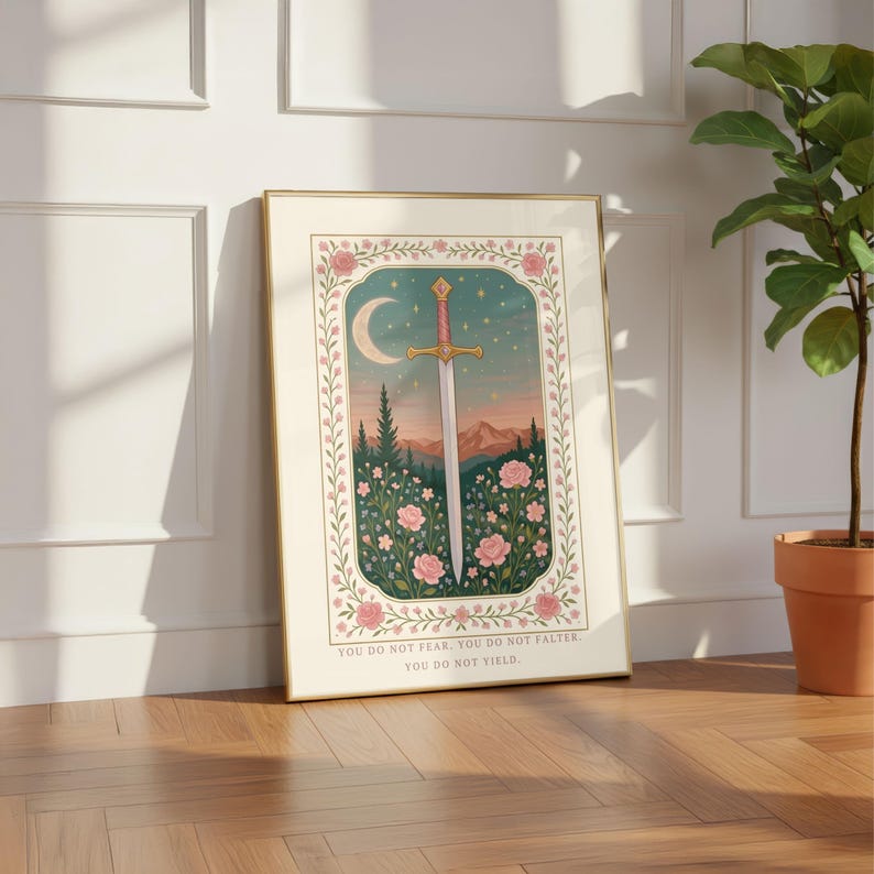 Pastel Sword Art | Fantasy Book Decor | Cozy Reader Gift | Romantasy Poster | Soft Floral Print | Empowerment Quote image 5