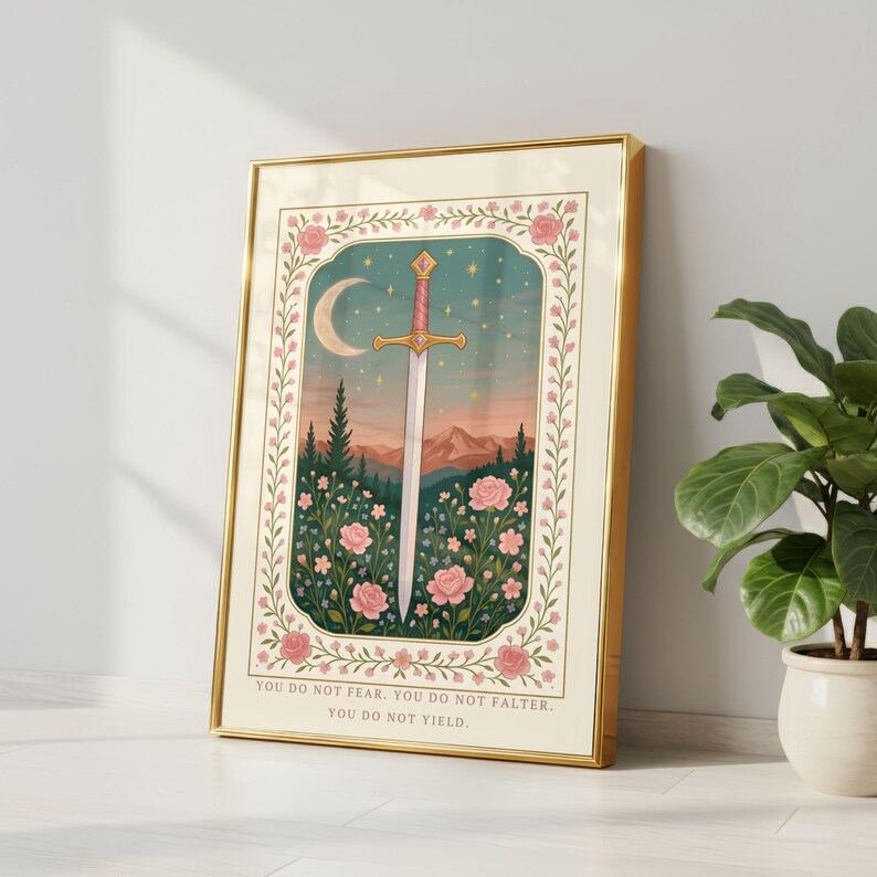 Pastel Sword Art | Fantasy Book Decor | Cozy Reader Gift | Romantasy Poster | Soft Floral Print | Empowerment Quote image 2