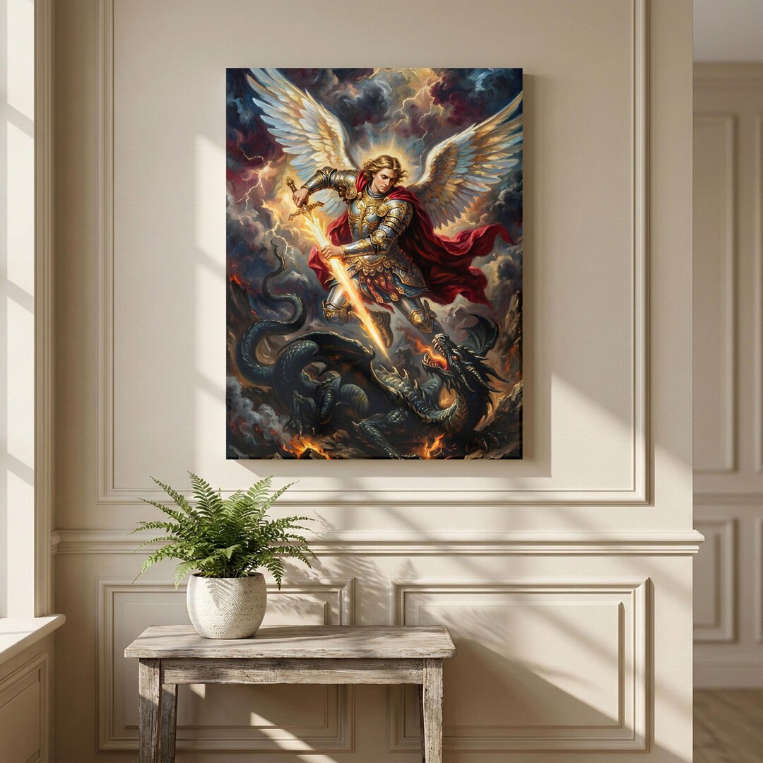 St Michael the Archangel Defeating Dragon Canvas Art - Spiritual ...