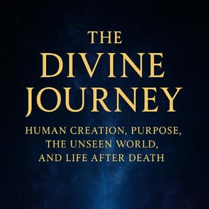 May include: Book cover with the title "THE DIVINE JOURNEY" in gold lettering. The cover features a silhouette of a person against a blue and purple starry background. Text below reads "HUMAN CREATION, PURPOSE, THE UNSEEN WORLD, AND LIFE AFTER DEATH" and "DR. SYED".