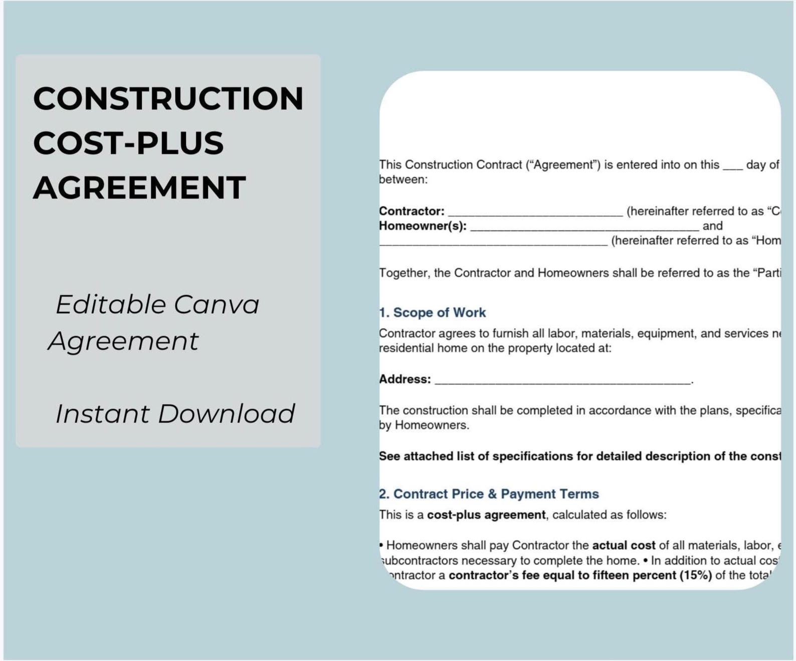 Cost Plus Construction Contract Template | Editable Canva Builder ...