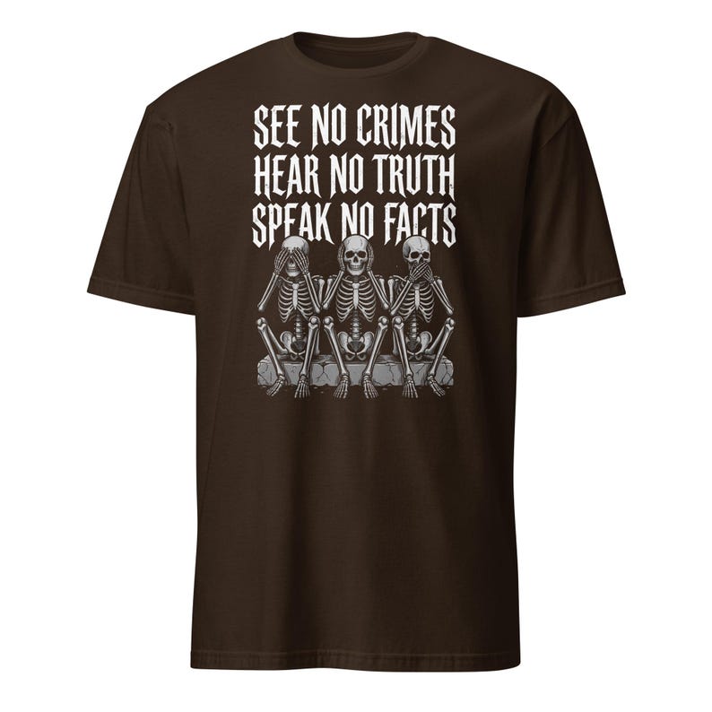 See No Crimes Hear No Truth Speak No Facts Skeleton T-Shirt, Dark Humor Skeleton Meme Gift, Gothic Graphic Tee