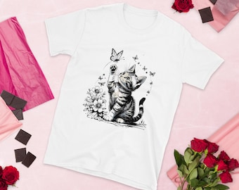 Katzen und Schmetterling Kunst – Ästhetische Kätzchen Illustration – Geschenk für Katzenliebhaber – Dunkler Hintergrund Tier Kunst, emotional & ästhetisch).
