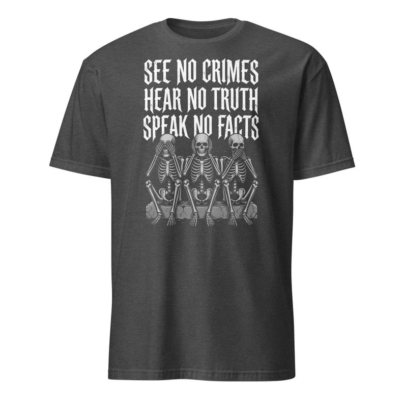 See No Crimes Hear No Truth Speak No Facts Skeleton T-Shirt, Dark Humor Skeleton Meme Gift, Gothic Graphic Tee