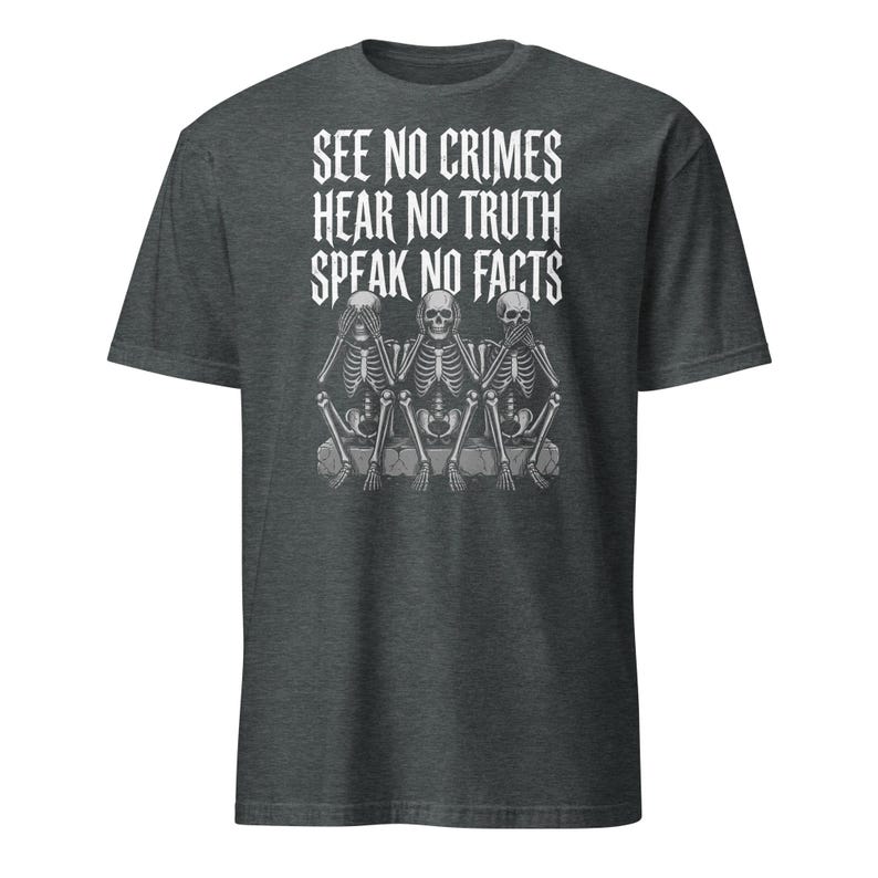 See No Crimes Hear No Truth Speak No Facts Skeleton T-Shirt, Dark Humor Skeleton Meme Gift, Gothic Graphic Tee