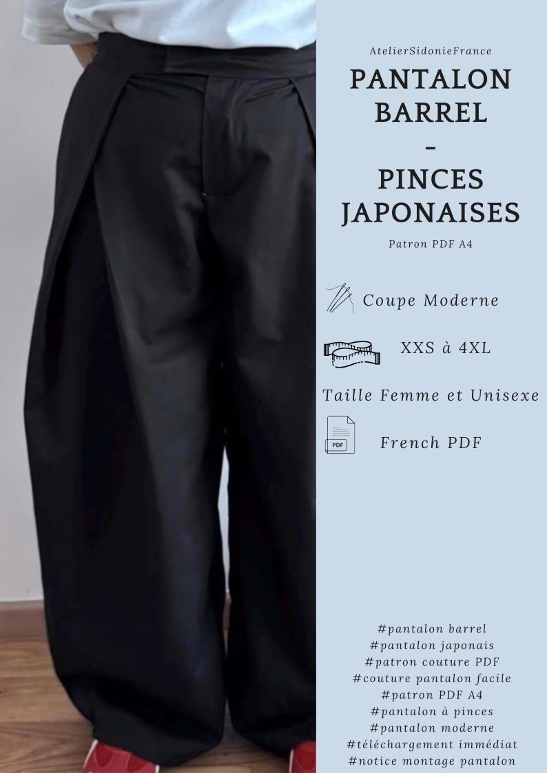 Japanese Barrel Pants PDF Pattern - Women's and Unisex Sizes - Pleated Pants - Modern Cut - XXS to 4XL - Japanese Cut - Printable A4 PDF - Balloon image 1