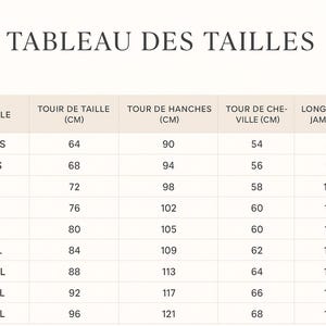 May include: A size chart in a beige color scheme, with the title "TABLEAU DES TAILLES" at the top. The chart lists sizes from XXS to 4XL, with measurements in centimeters for waist, hips, ankle, and leg length.