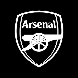 May include: A white graphic logo of the Arsenal Football Club on a solid black background. The design features a shield-shaped outline containing the word Arsenal in a bold font above a stylized cannon graphic pointing toward the right side.