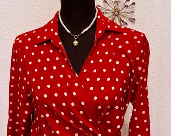 Ensemble chemisier et jupe cache-cœur rouge à pois style vintage - Taille SX