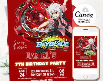 Invitación de cumpleaños de Beyblade Plantilla de invitación de Beyblade Invitaciones para fiestas de cumpleaños Tarjeta de cumpleaños de Beyblade Invitación digital para fiestas infantiles