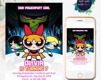 Powerful Girls Birthday Invitation Girls Powerpuff Birthday Invitation Girl Invite Powerpuff Girls Fun Cartoon Party Canva Invitation