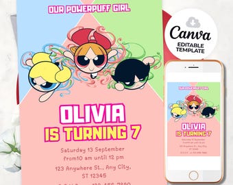 Powerful Girls Birthday Invitation Girls Powerpuff Birthday Invitation Girl Invite Powerpuff Girls Fun Cartoon Party Canva Invitation
