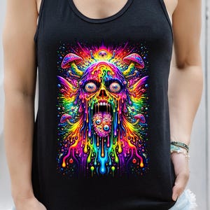 May include: Black tank top with a vivid, psychedelic graphic of a screaming skull with dripping, colourful details. The design incorporates a spectrum of rainbow hues, creating a bold visual. The tank top is a casual, sleeveless garment.