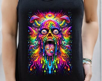 Camiseta sin mangas con calavera derretida psicodélica / Gráfico de terror con hongos neón psicodélico