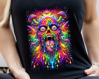 Psychodeliczny top z rozpływającą się czaszką | Neonowa, psychodeliczna grafika z grzybami grozy