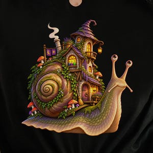 Whimsical Snail Wizard Tower T-Shirt, Fantasy Creature Art, Cozy Magic Gift
