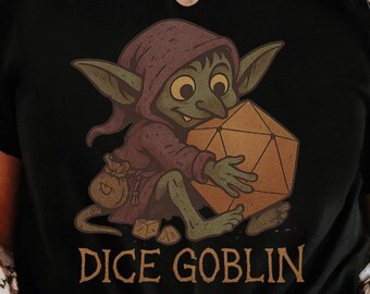 Camiseta con diseño de duende de dados aferrado a un dado gigante de 20 caras / Juegos de rol de mesa