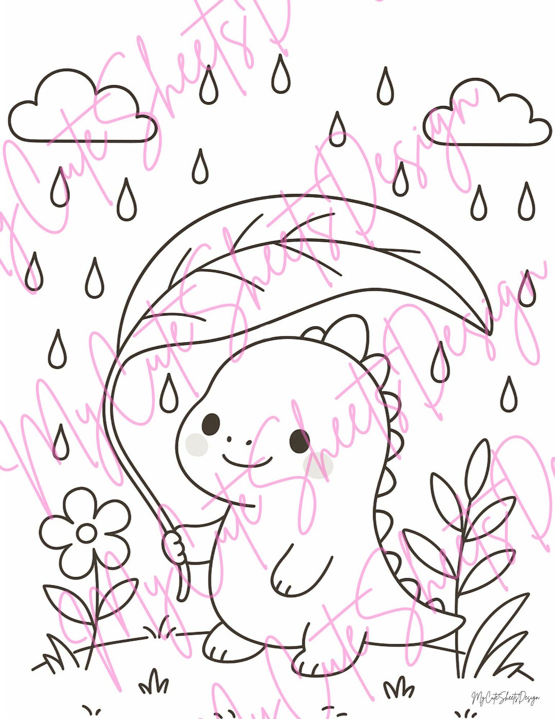 Kawaii Dinosaur Coloring Page • Cute Dino With Leaf Umbrella • Kids ...