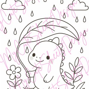 May include: A black and white illustration of a friendly dinosaur sheltering from the rain under a leaf. The image includes raindrops, clouds, a flower, and grass. The dinosaur is smiling.