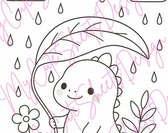 Kawaii Dinosaur Coloring Page • Cute Dino with Leaf Umbrella • Kids Printable Coloring Sheet PDF