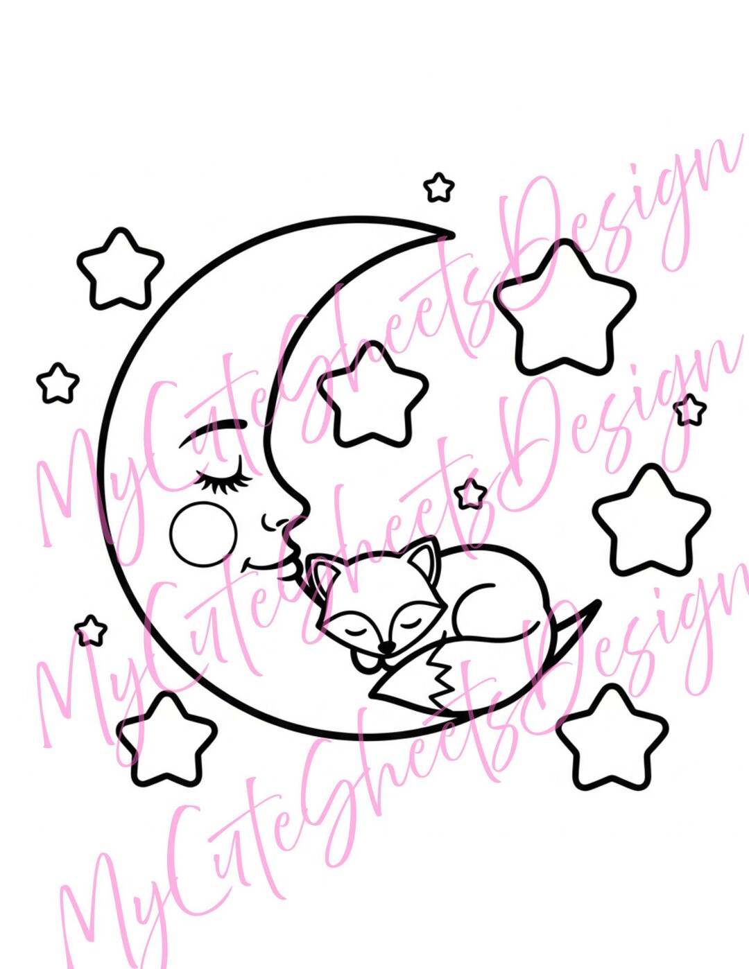 Sleeping Fox on the Moon Coloring Page · Cute Woodland Animal · Kids ...